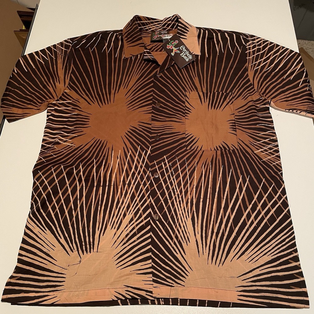 Caribelle Batik Men's Button Up Shirt Brown Short Sleeve Starburst Geometric, S